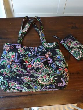 Vera Bradley Black Quilted Paisley Tote with Floral Accents